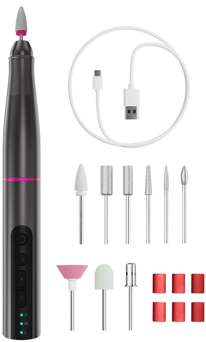 SenCiciMen Cordless Portable Electric Nail Drill 15000 RPM 6 Grinding Heads (VC-08A) Black
