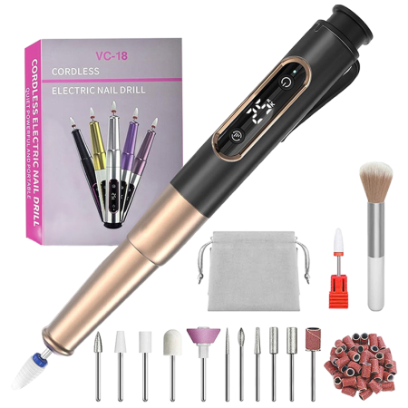 SenCiciMen Cordless Portable Electric Nail Drill 25000 RPM 11 Grinding Heads (VC-18) Black